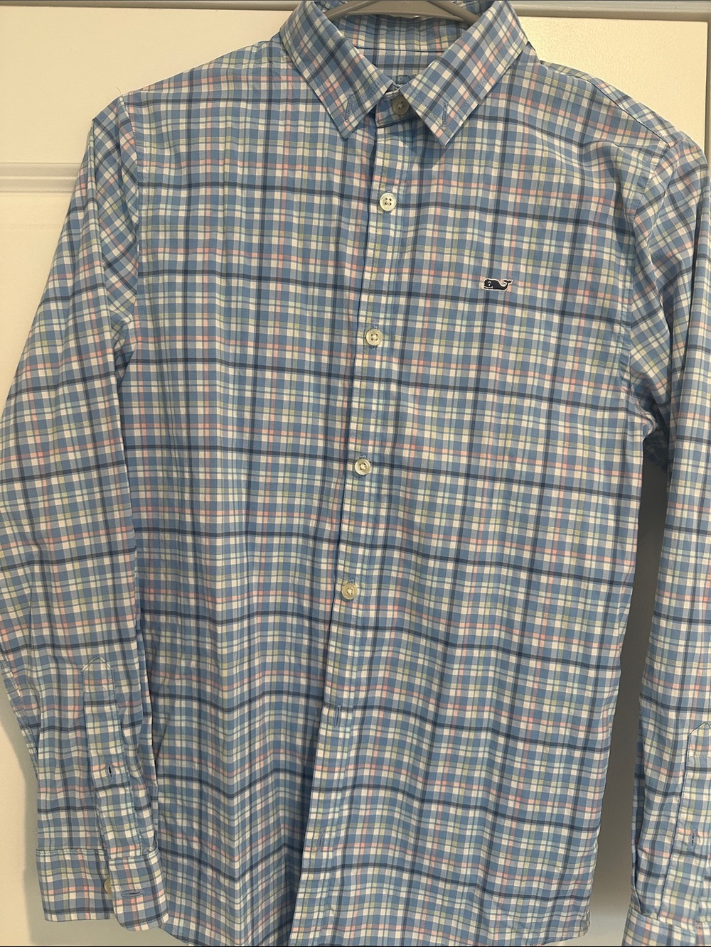 Vineyard Vines Youth boys performance Light Blue Plaid Button-Down Shirt.
